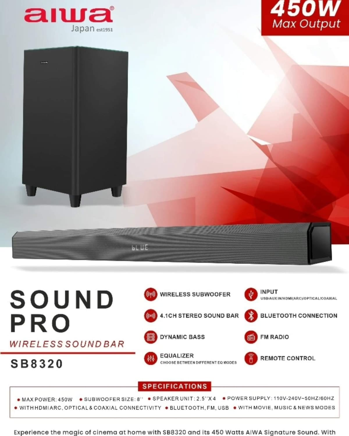 Aiwa 4.1 Wireless Sound Bar System (SB-8320)